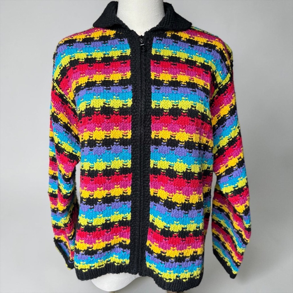 Marisa Christina XL Hand Knit Rainbow Stripe Zip Cardigan Sweater 90s Vintage